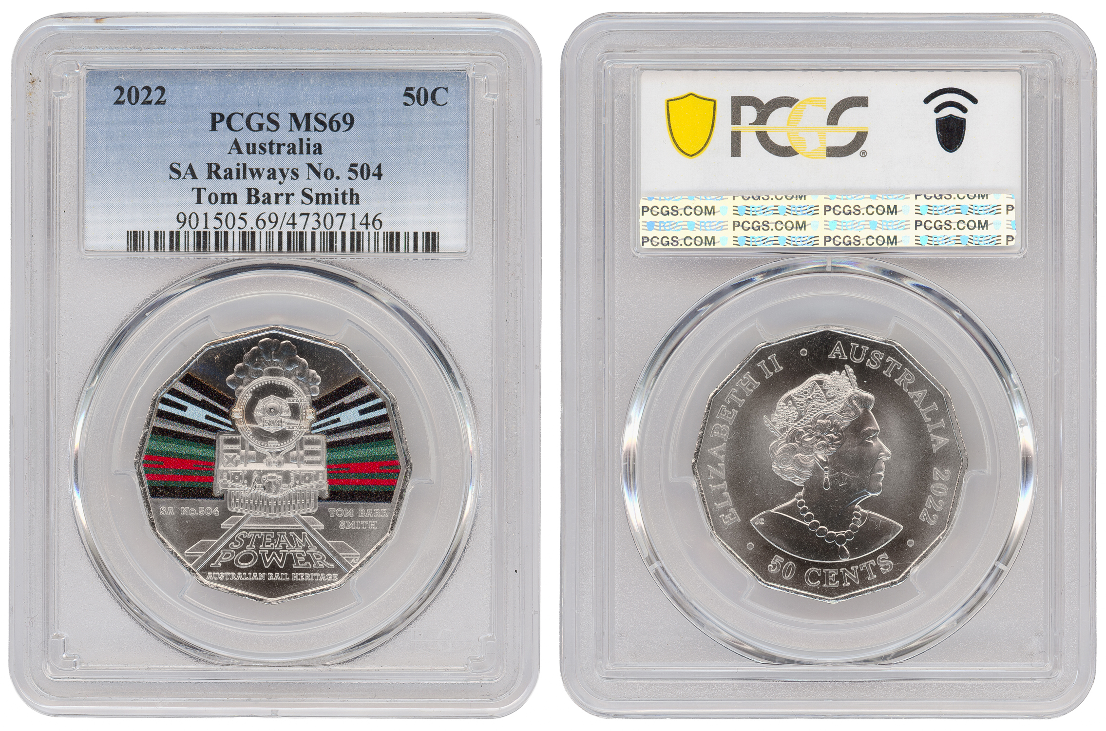 387 · SA Railways No. 504 Tom Barr Smith Colourised, Fifty Cent, 2022, PCGS MS69