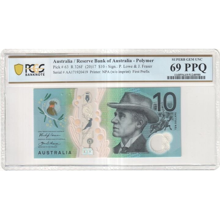 Lowe/Fraser, First Prefix, Ten Dollar, 2017, PCGS Superb Gem UNC 69 PPQ