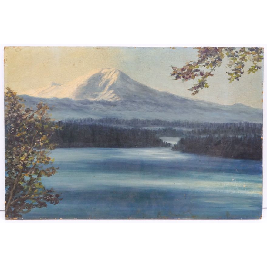Mt. Rainier Lake Scene Oil on Board 16''x24''. Artist unknown