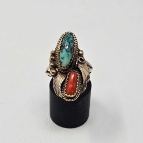 Native American Sterling Silver Turquoise Coral Ring Size 8 - Signed #1