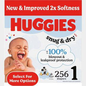 HUGGIES SIZE 1 DIAPERS, SNUG & DRY NEWBORN DIAPERS, SIZE 1 (8-14 LBS), 256 COUNT (4 PACKS OF 64), PACKAGING MAY VARY