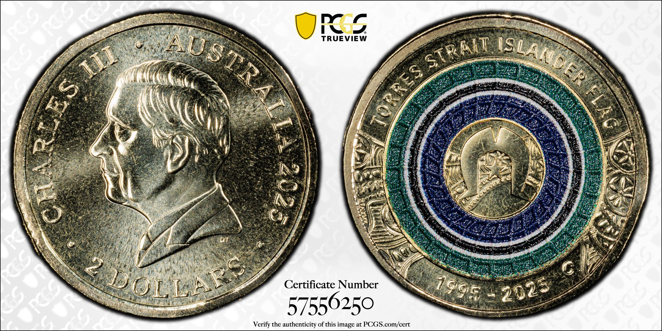 Torres Strait Islander Flag Colourised AlBr, Two Dollar, 2025-C, PCGS MS69