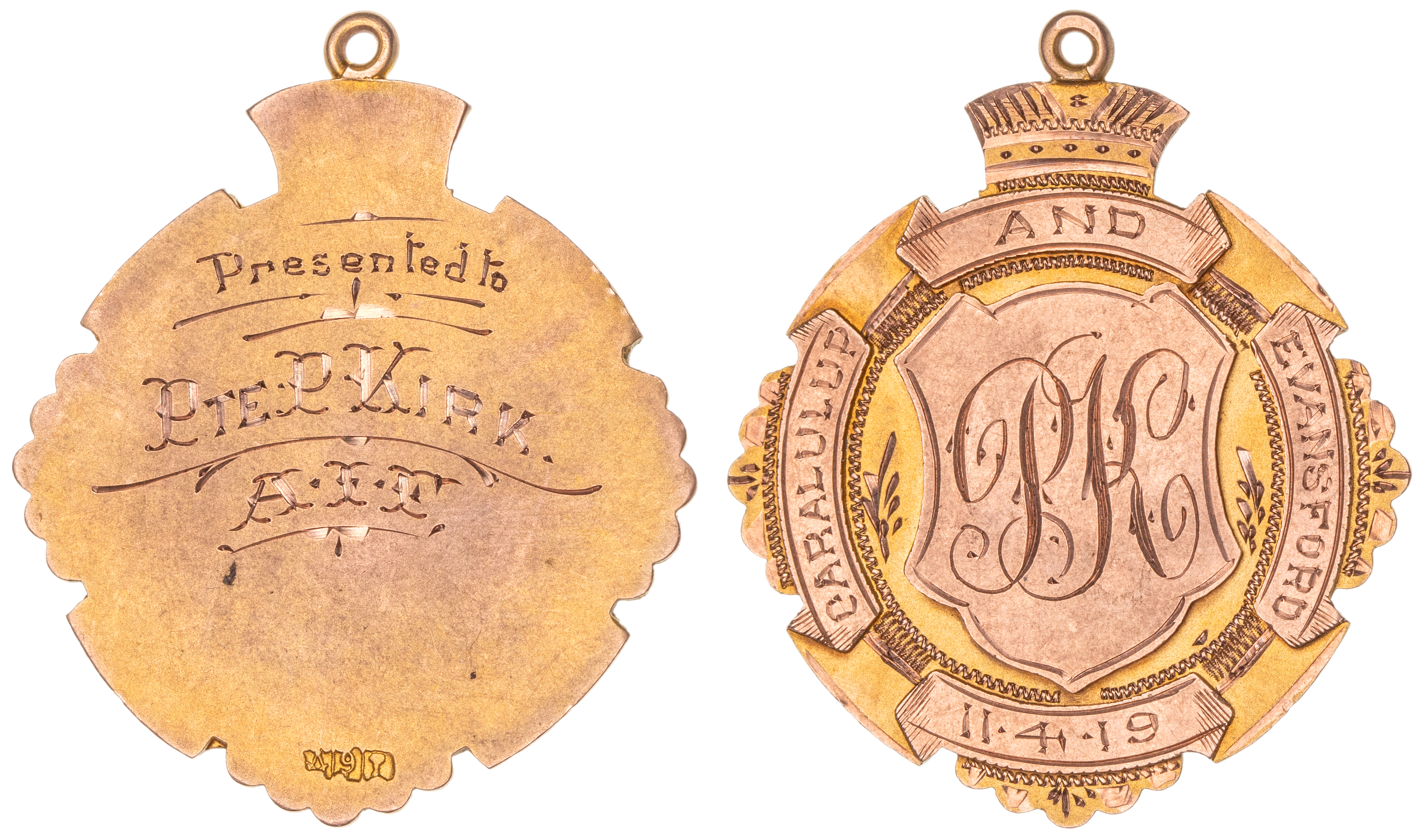 318 · Caralulup & Evansford, Victoria, WWI Returned Soldiers Gold Fob Medal,