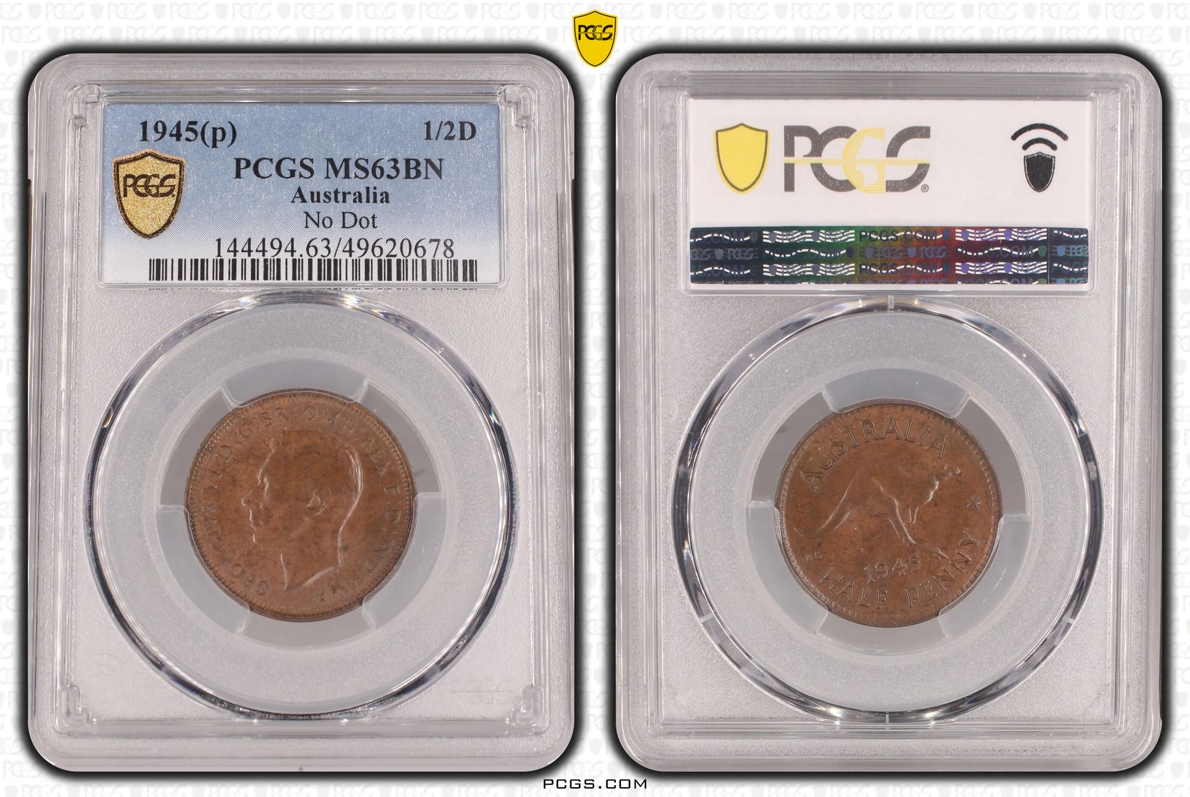 George VI, No Dot , Halfpenny, 1945(p), PCGS MS63BN