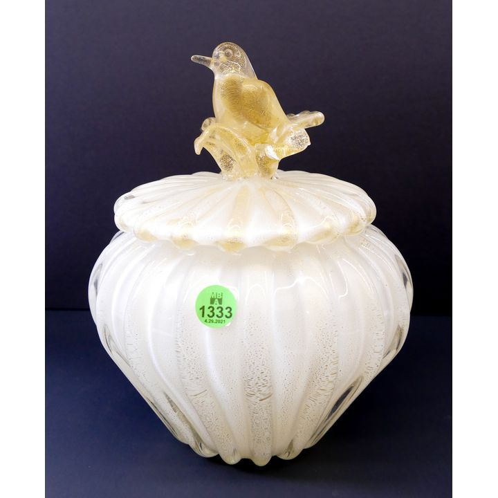 Murano Glass Gold Aventurine Bird Jar- 9''