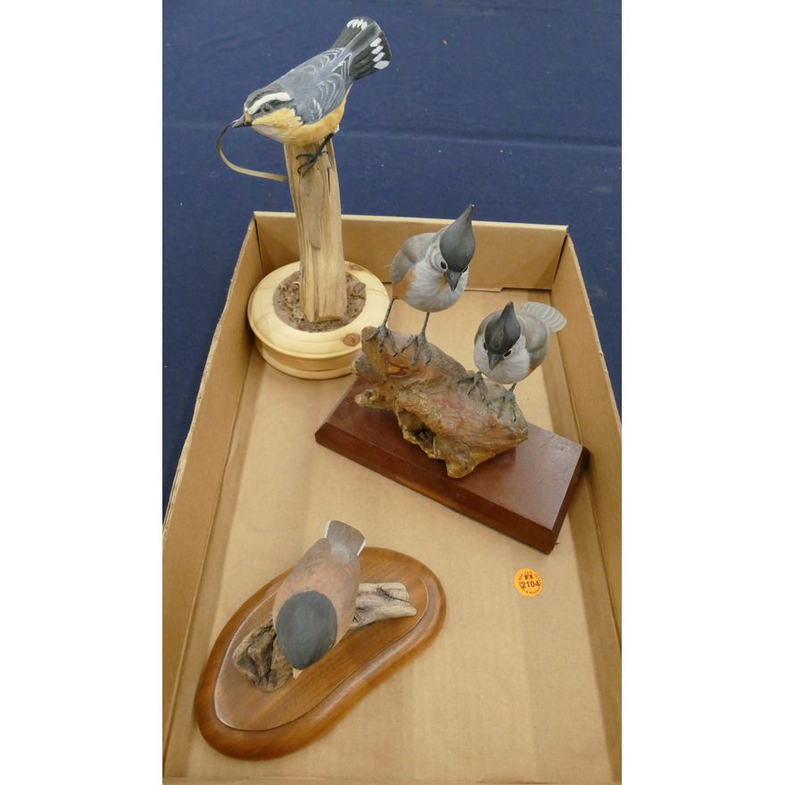Box 3pc Bird Finely Carved Wood Models 5'' to 9''