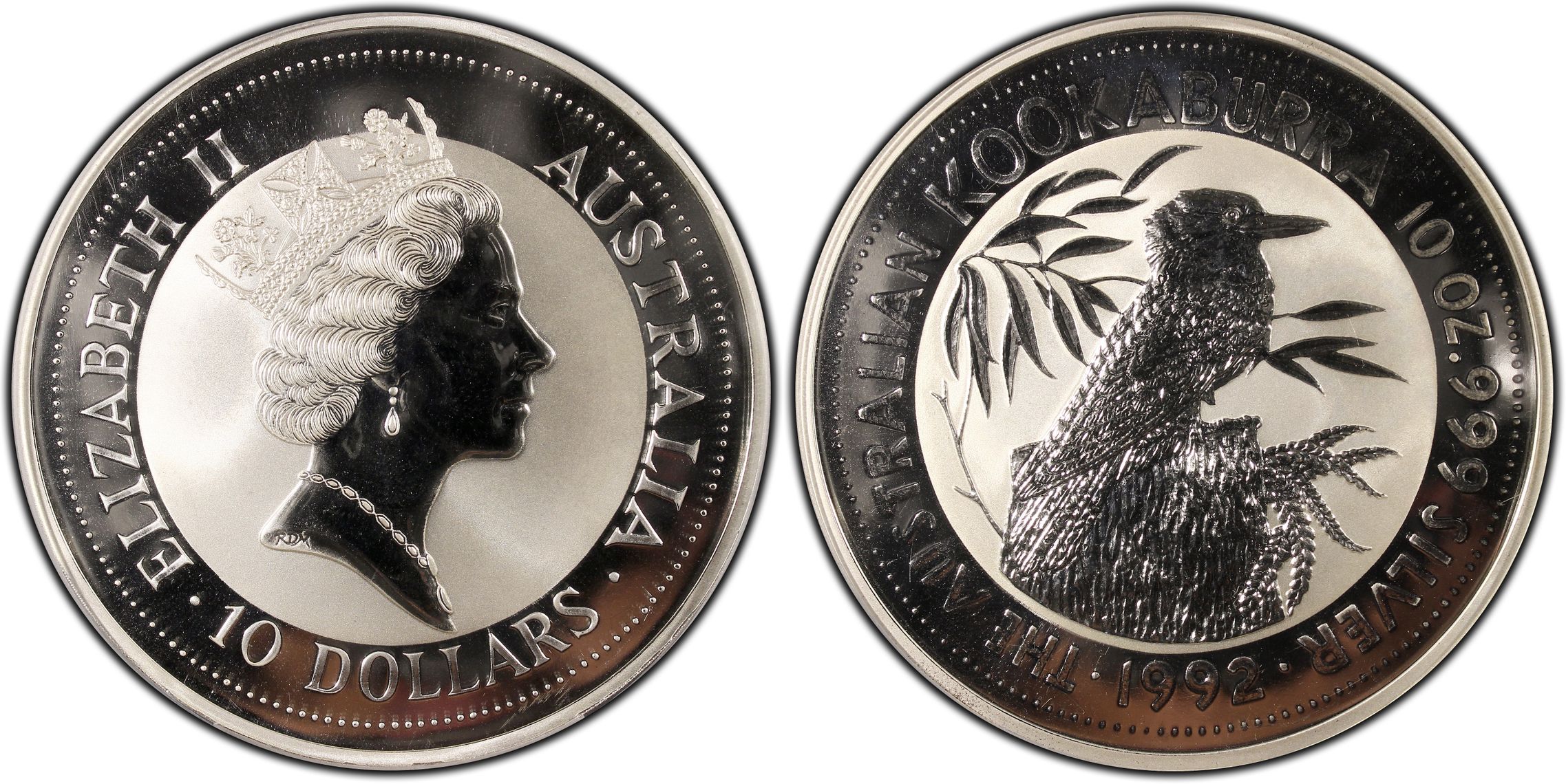Kookaburra 10oz Silver, Ten Dollars, 1992, PCGS MS67
