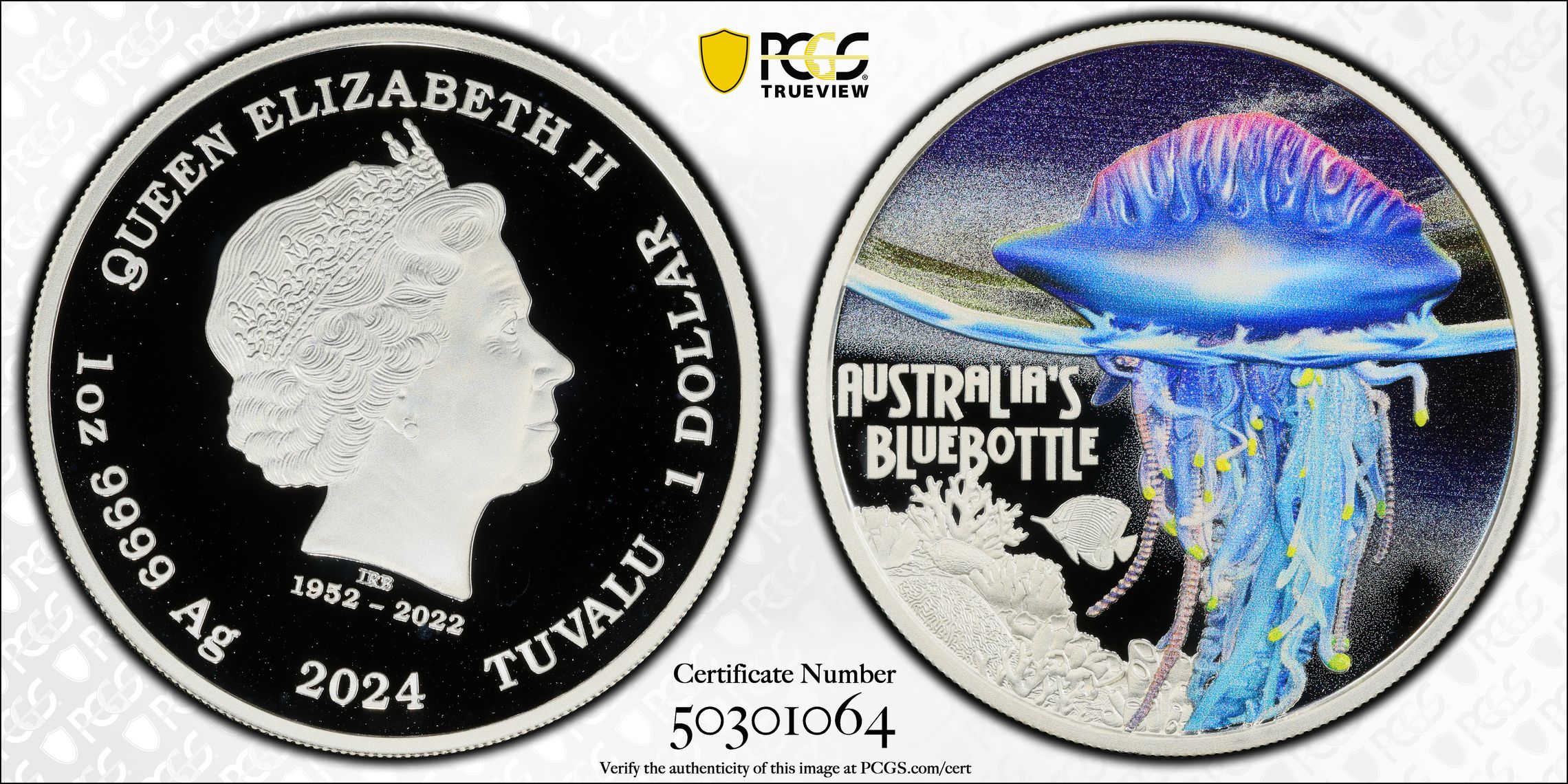 Tuvalu, Bluebottle Ag , One Dollar, 2024, PCGS PR69DCAM