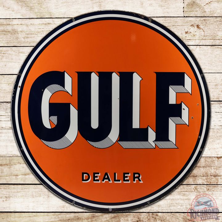 1953 Gulf Gasoline 66" Double Sided Porcelain Service Station ID Sign