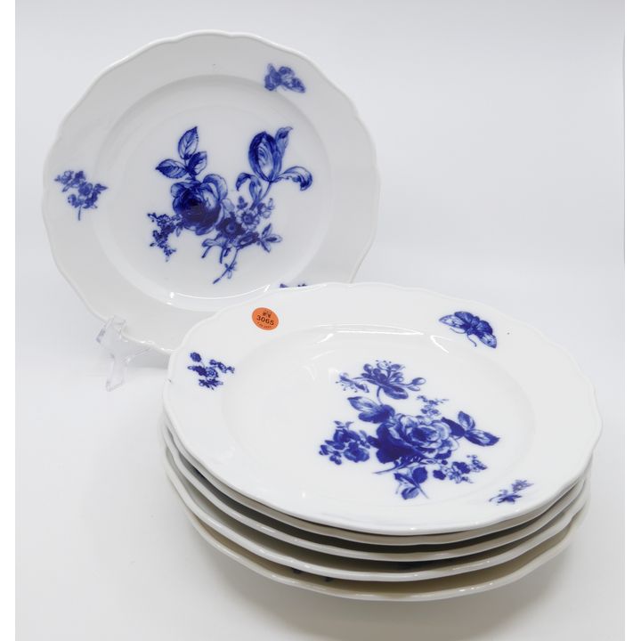 6pc Meissen Blue Flowers and Insects Porcelain Plates- 9.75"