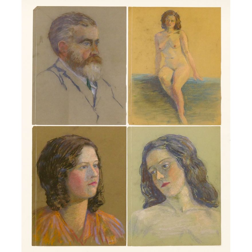 4pc Myra Wiggins Portrait Conte Crayon Drawings 13.5''x10.5''.