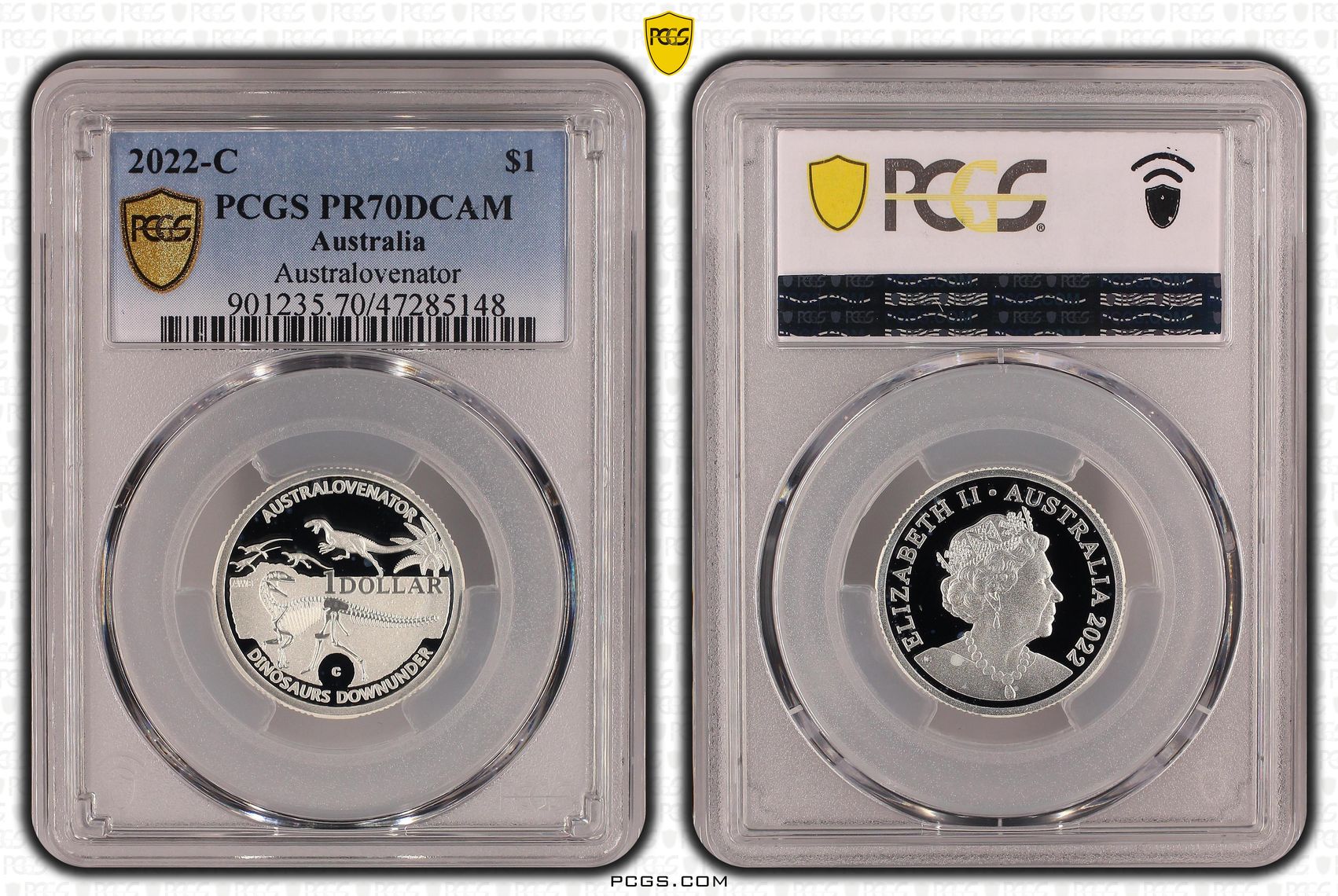 Elizabeth II, Australovenator Ag Dinosaurs Downunder, Pop 7/0, One Dollar, 2022-C, PCGS PR70DCAM
