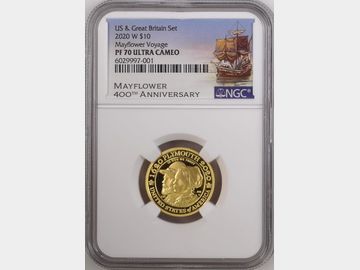 2020 USA 'MAYFLOWER VOYAGE' PROOF GOLD 10 DOLLAR PF70 UCAM TOP POP!