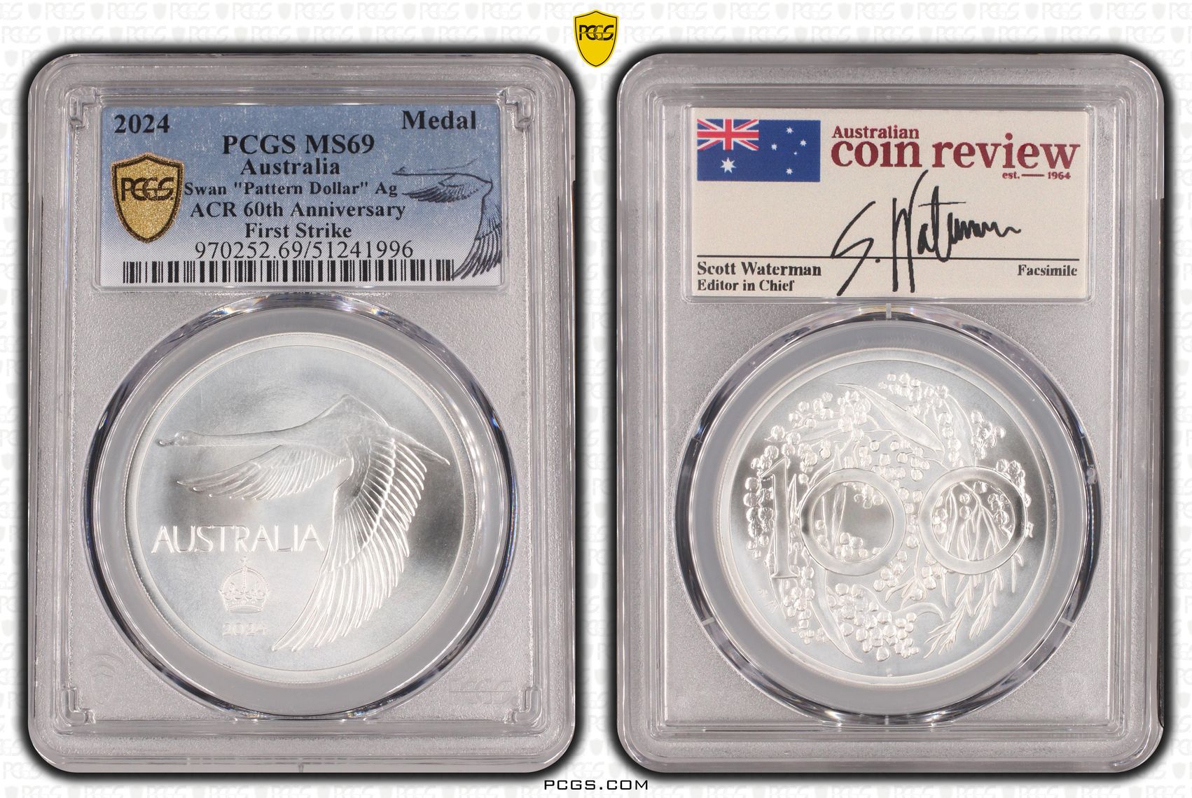 Swan "Pattern Dollar" Ag ACR 60th Anniversary First Strike, Medal, 2024, PCGS MS69