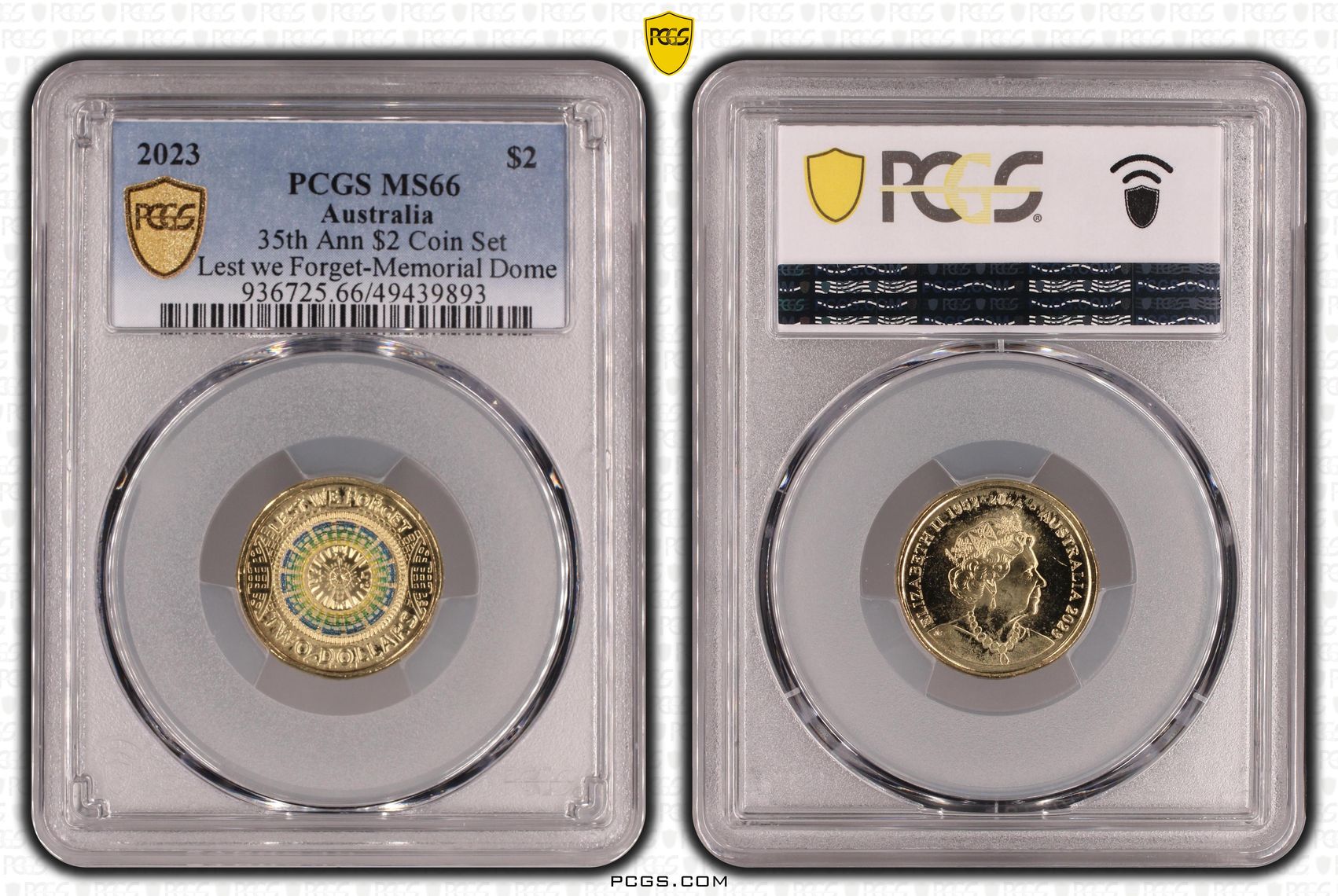 Elizabeth II, 35th Ann $2 Coin Set Colorized Lest we Forget-Memorial Dome , Two Dollar, 2023, PCGS MS66