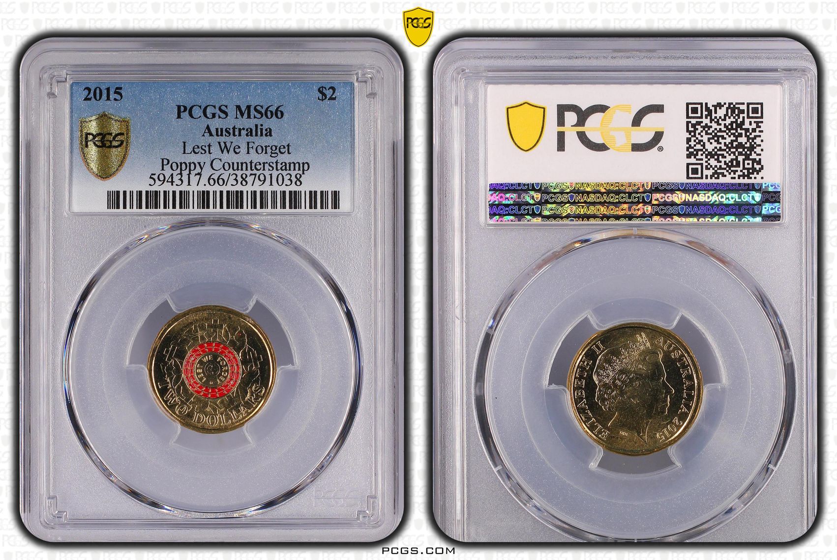 2015 Australia Two Dollar, $2 Lest We Forget Poppy counterstamp PCGS - MS66 -038