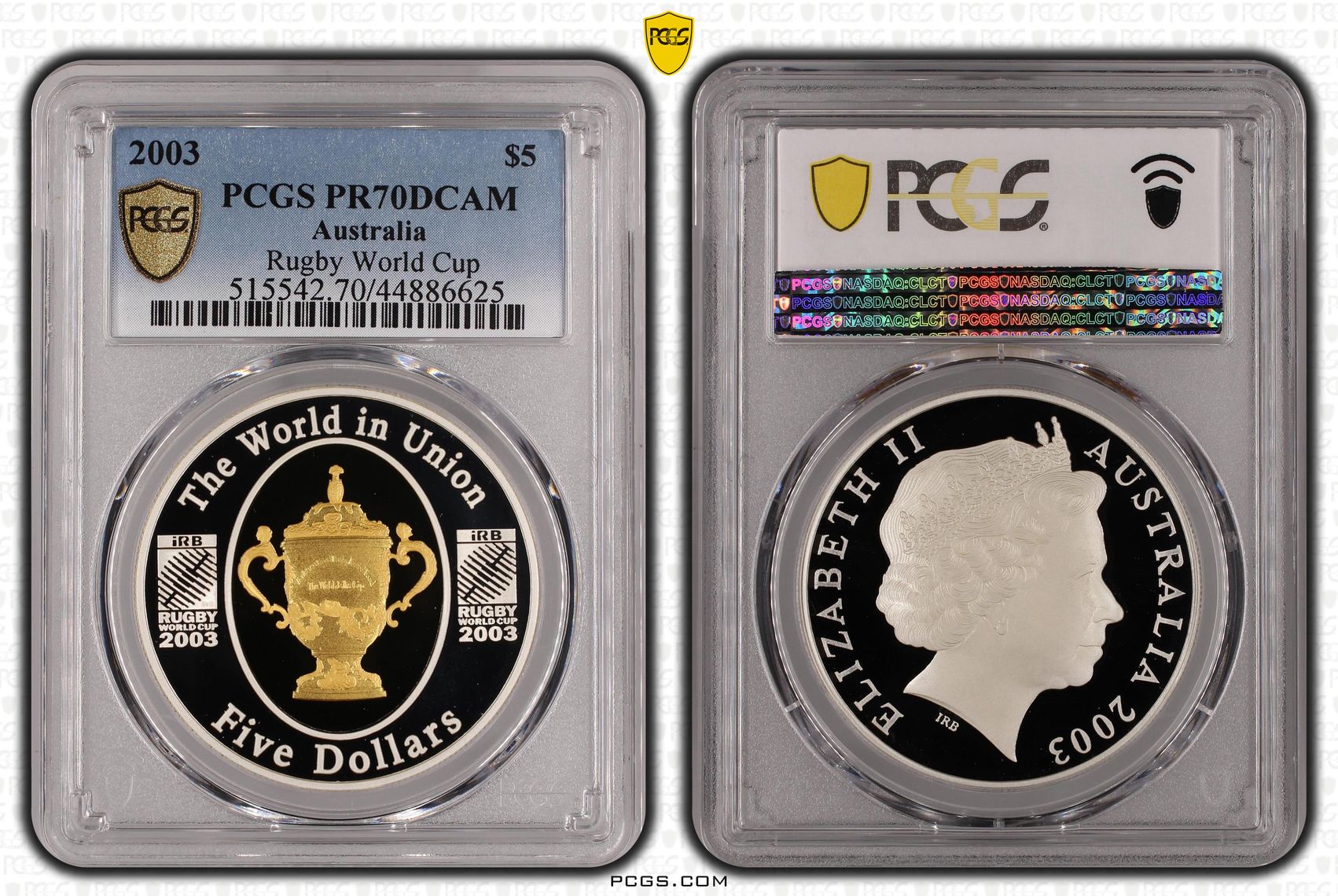 2003 Australia Five Dollar, $5 Silver Rugby World Cup PCGS - PR70DCAM POP 5/0 -625