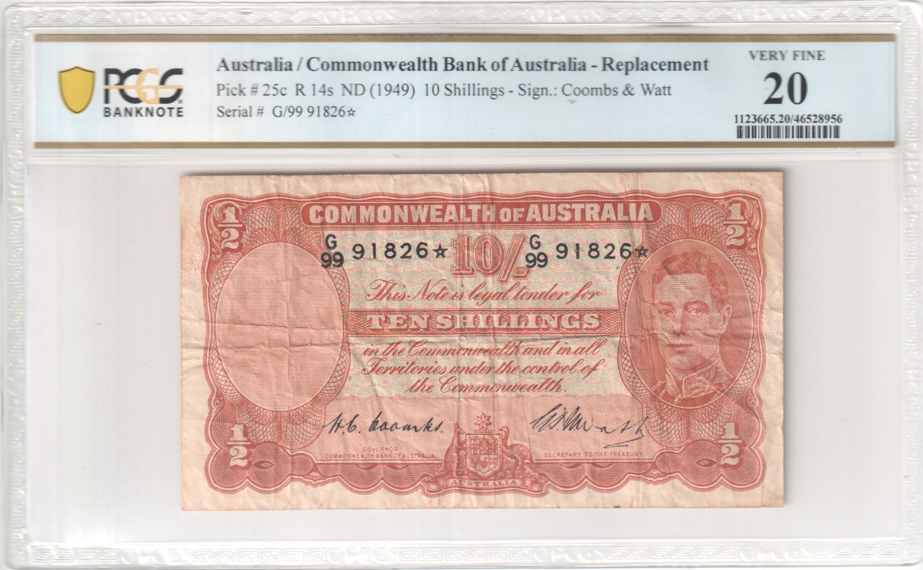 Commonwealth Bank of Australia, Replacement, Coombs & Watt, Ten Shilling, 1949, PCGS Very Fine 20