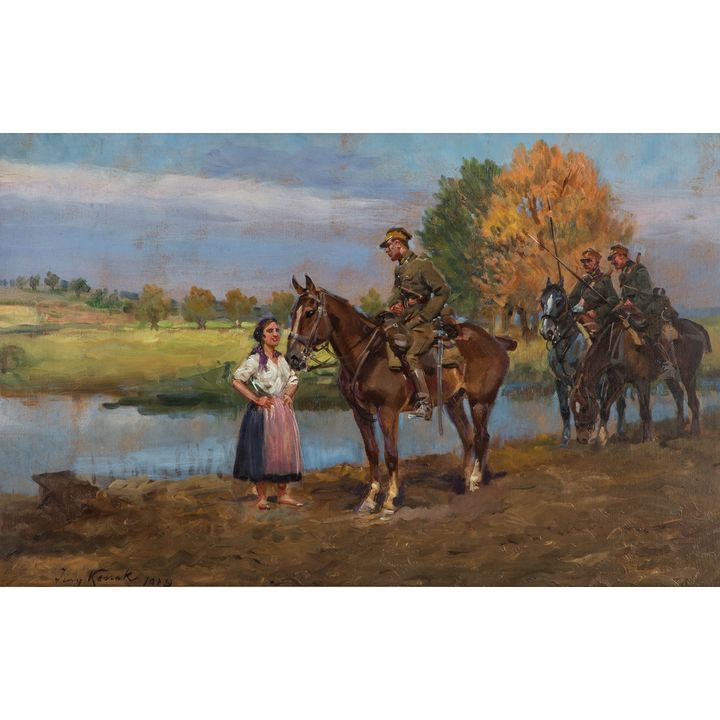 Jerzy Kossak | Ułani i dziewczyna nad wodą, 1929 r.