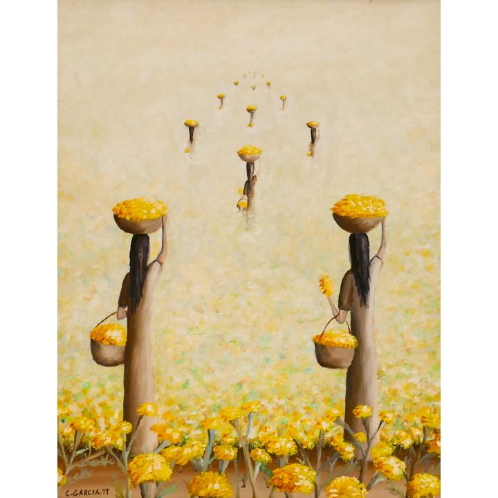 Casiano Garcia ''Gathering Flowers'' Signed 1979 Oil on Canvas