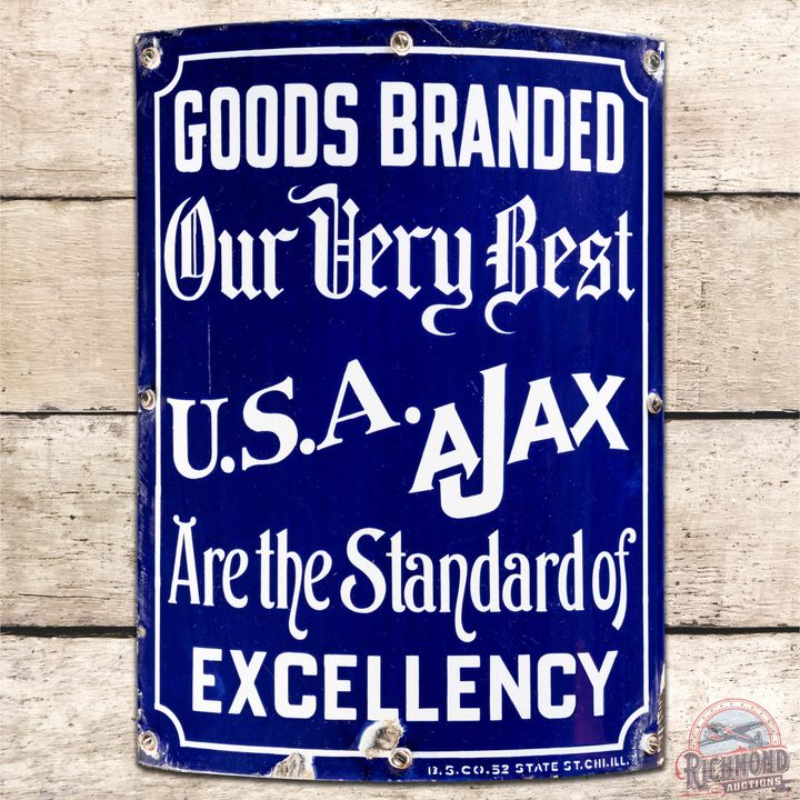 Ajax Goods Branded "Our Very Best" U.S.A. Curved SS Porcelain Sign