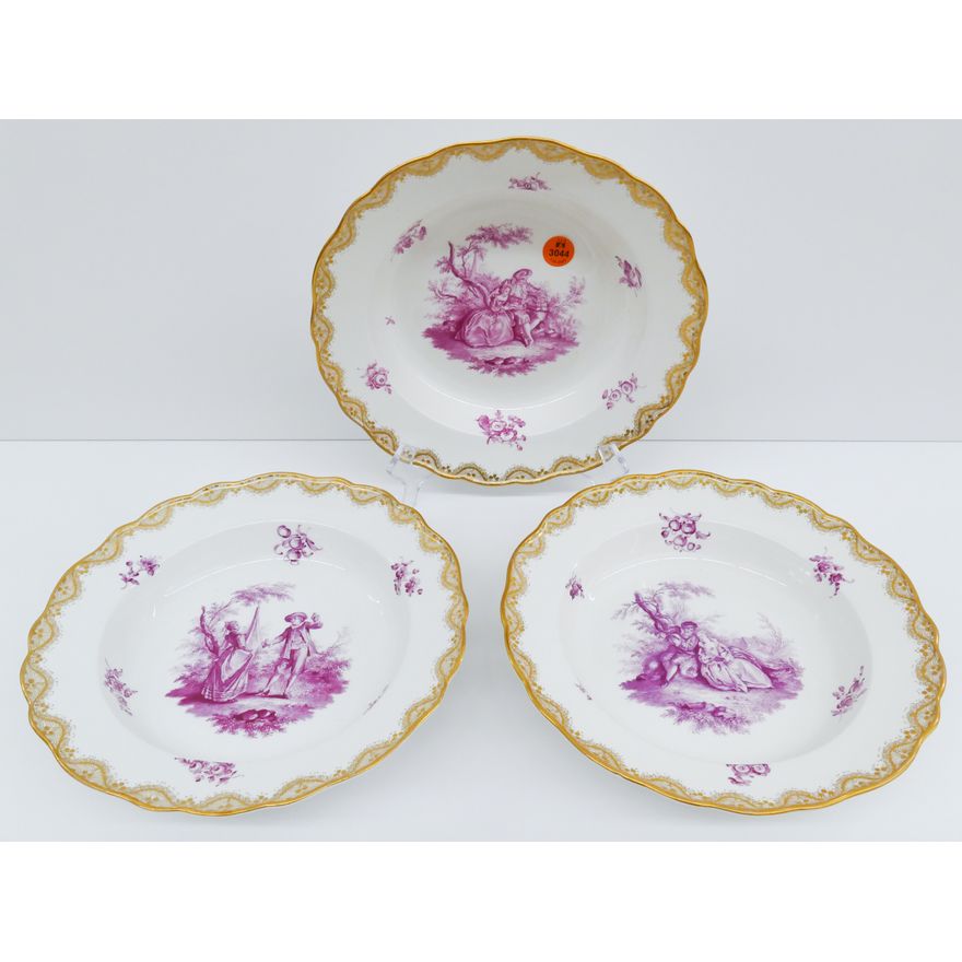 3pc Meissen Pink Courting Scene Porcelain Soup Plates- 9.25"
