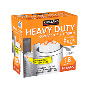 KIRKLAND HEAVY DUTY COMPACTOR & KITCHEN DRAWSRTING BAGS 18 GALLON 17 PACK