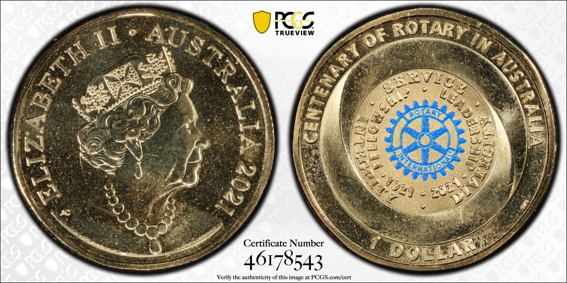 Centenary of Rotary, One Dollar, 2021, PCGS MS 67