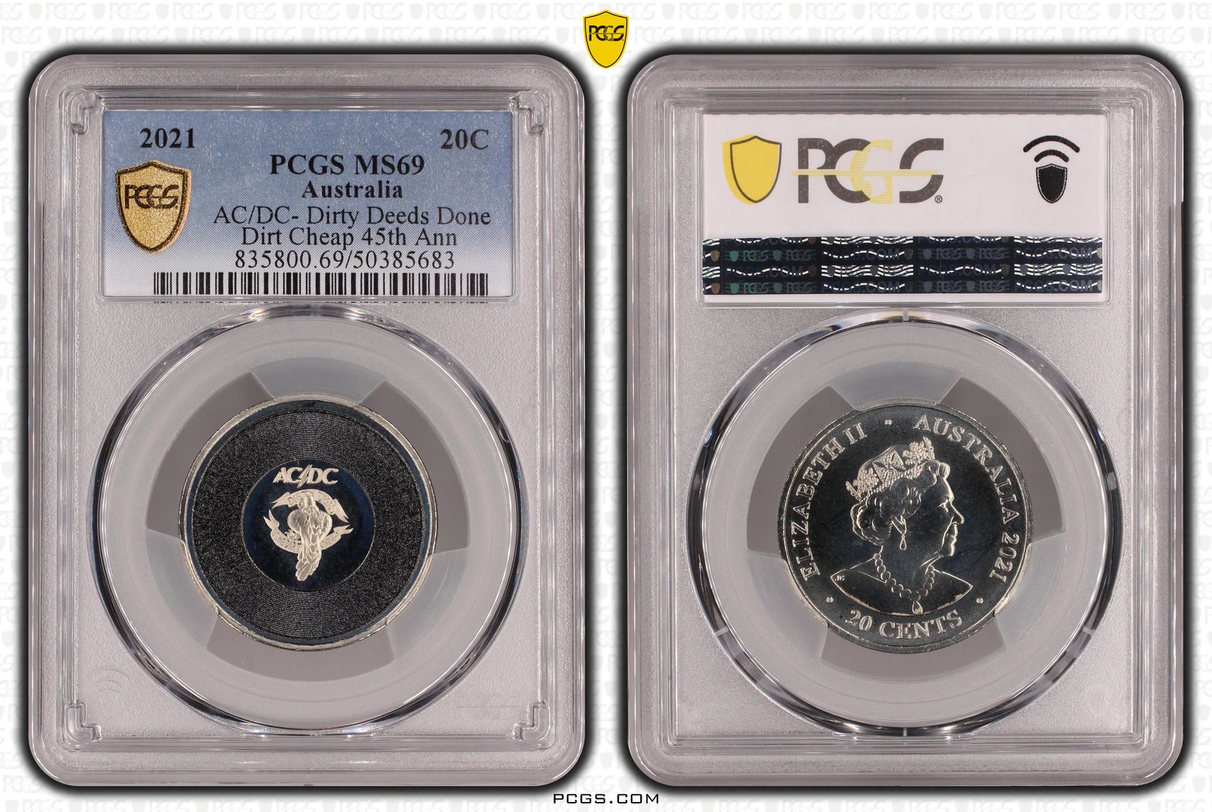 AC/DC- Dirty Deeds Done Dirt Cheap 45th Anniversary , Twenty Cent, 2021, PCGS MS69