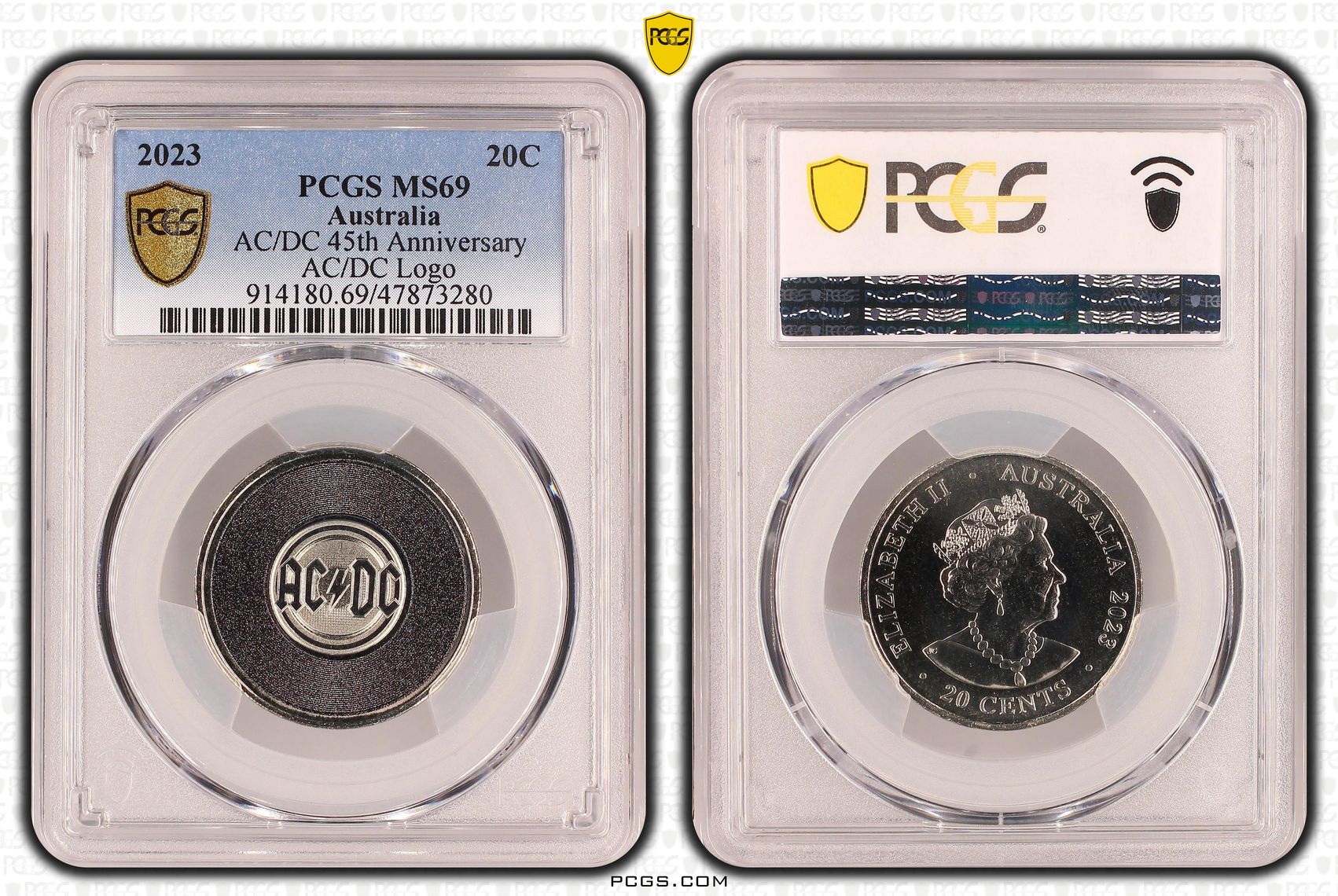 AC/DC 45th Anniversary - AC/DC Logo, POP 4/0, Twenty Cent, 2023, PCGS MS69