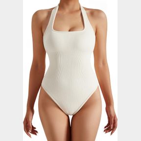 SUUKSESS WOMEN RIBBED BODYSUIT SEXY HALTER SQUARE NECK SLEEVELESS PADDED TANK TOP (BIEGE -XL)