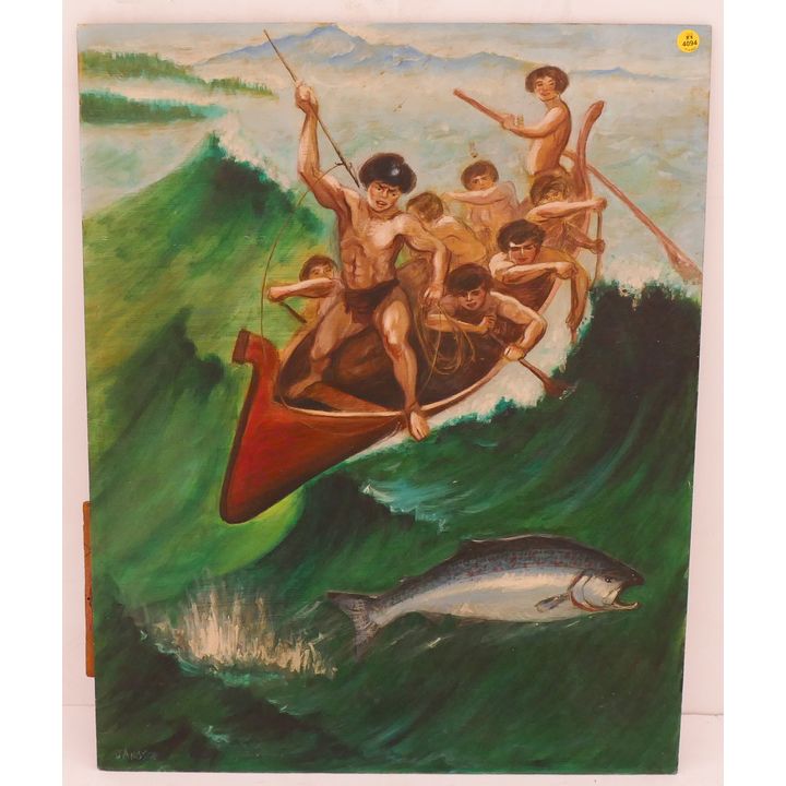 ''Spearfishing'' Acrylic On Board Painting. Signed Janoson. Unframed. Measures 27x21''