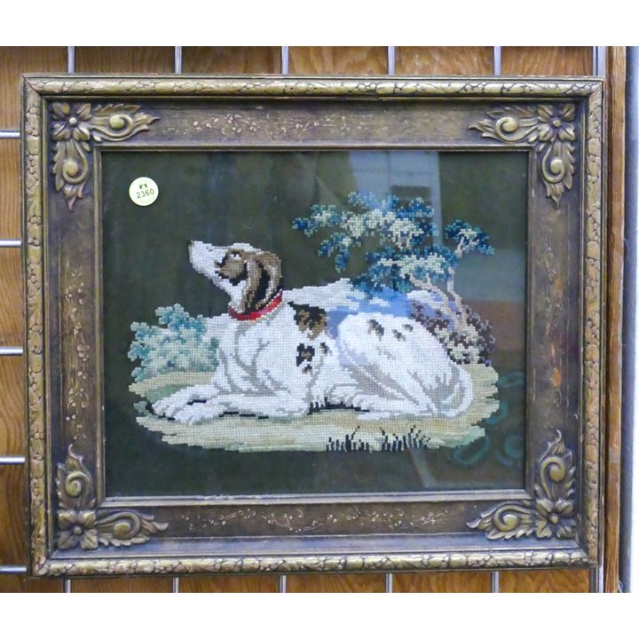 Antique Reclining Dog Needlework Framed- 13x15''
