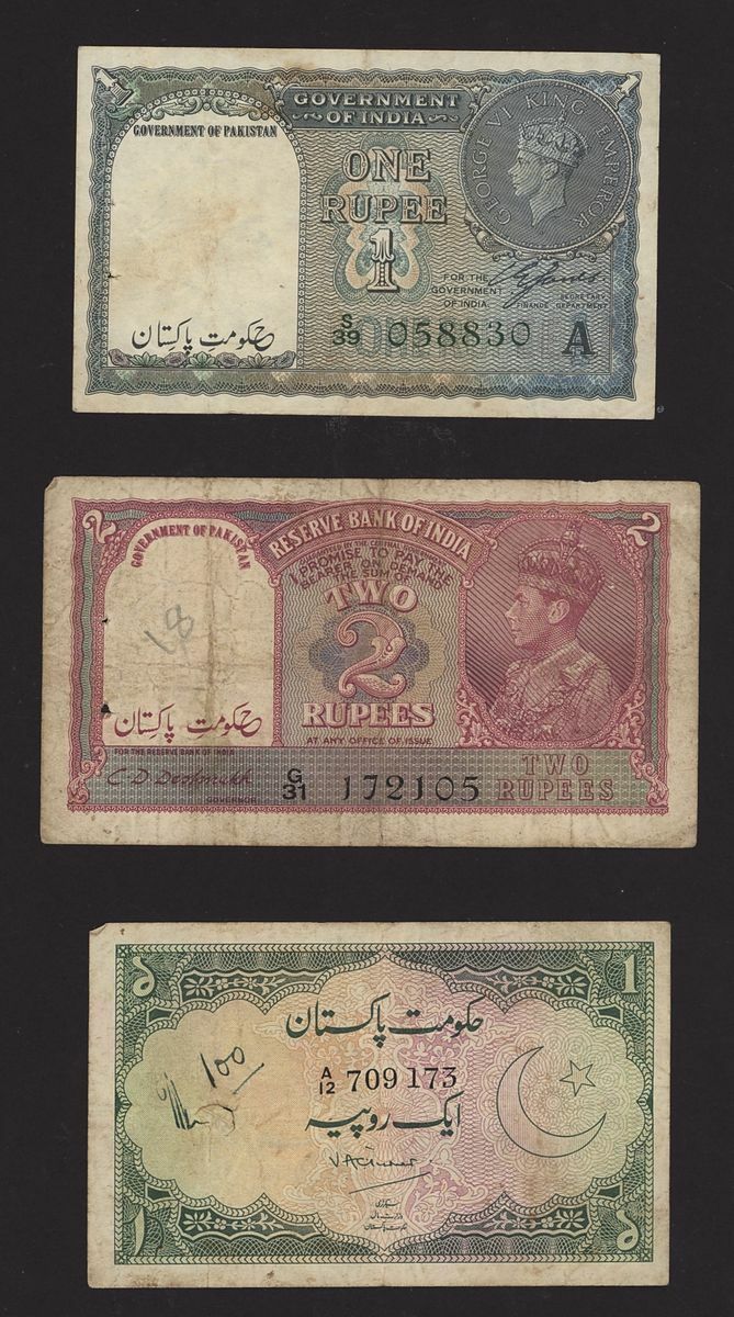 Pakistan, [5 notes] 1, 2 Rupees, 1940-49, (Pick 1, 1A, 4, 11, 11, BNB ...
