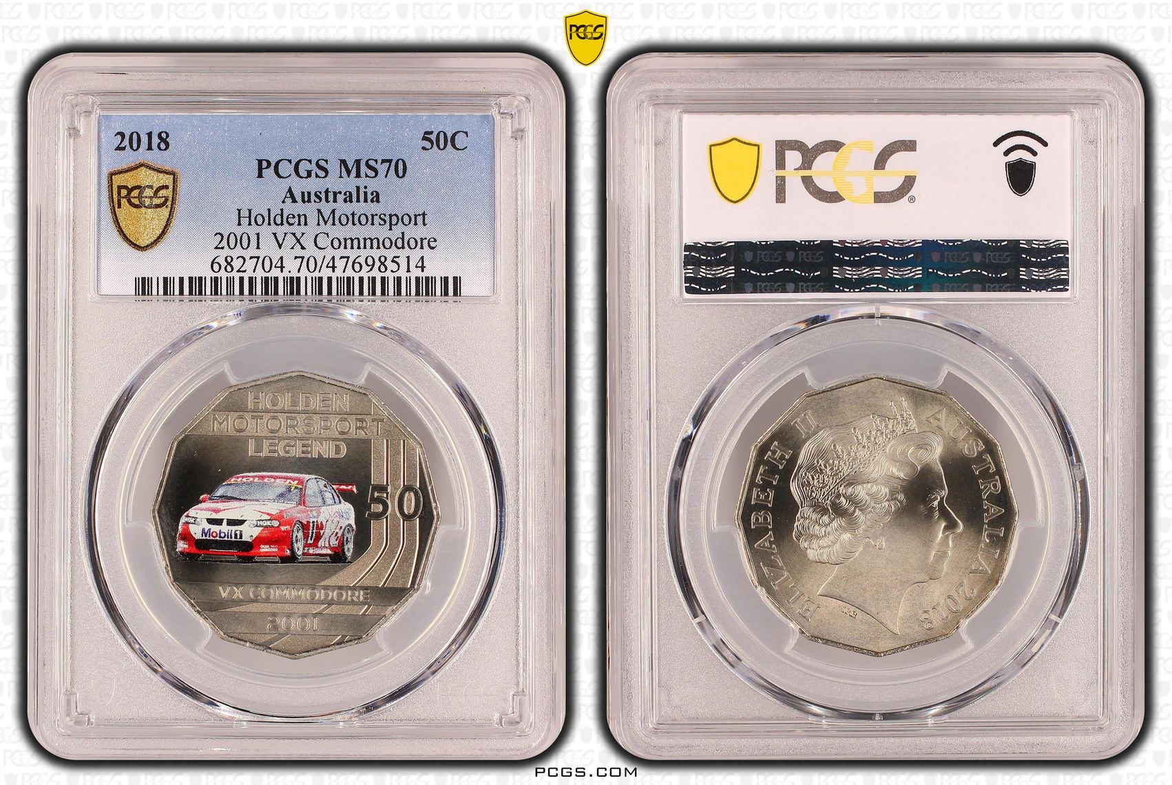 253 · Elizabeth II, Holden Motorsport - 2001 VX Commodore, Pop 4/0, Fifty Cent, 2018, PCGS MS70