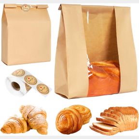 100 PACK LARGE KRAFT BREAD BAGS WITH WINDOW BREAD BAGS FOR HOMEMADE BREAD SOURDOUGH BREAD BAGS AND 500 PCS SEAL STICKERS BAKERY FO