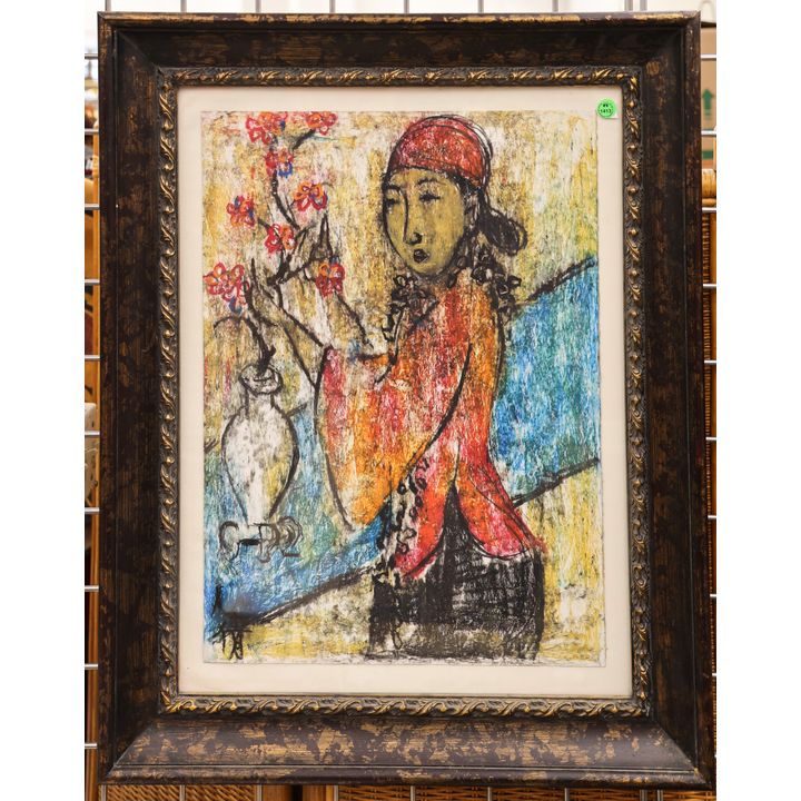 Chinese Modernist Girl with Flower Vase Painting Framed 29''x23''