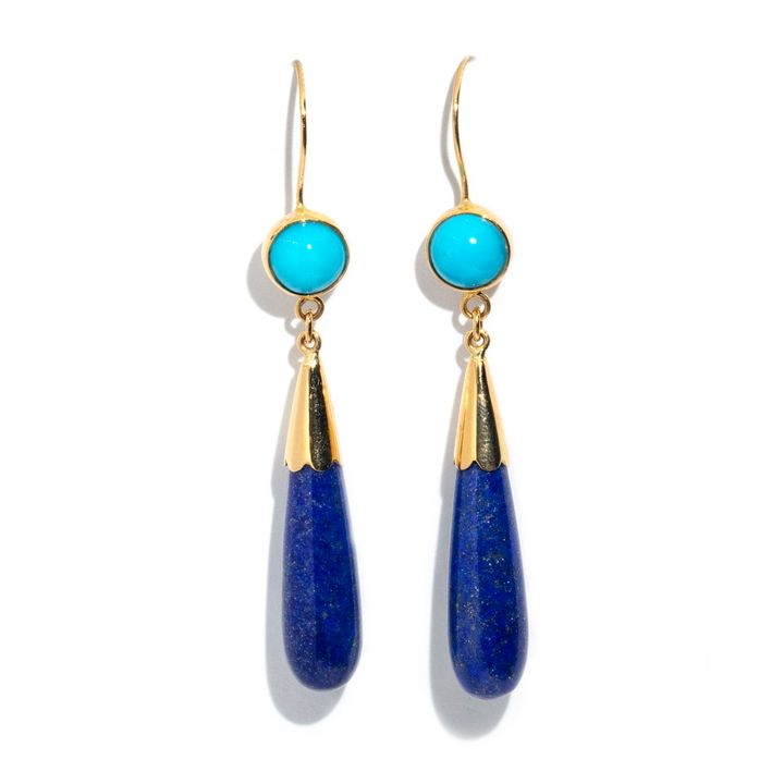 18 Carat Gold Drop Earrings with Lapis Lazuli and Turquoise,