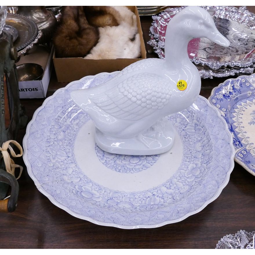 2pc Asian Porcelain Duck Figure (13'') and Charger AS IS (18'')