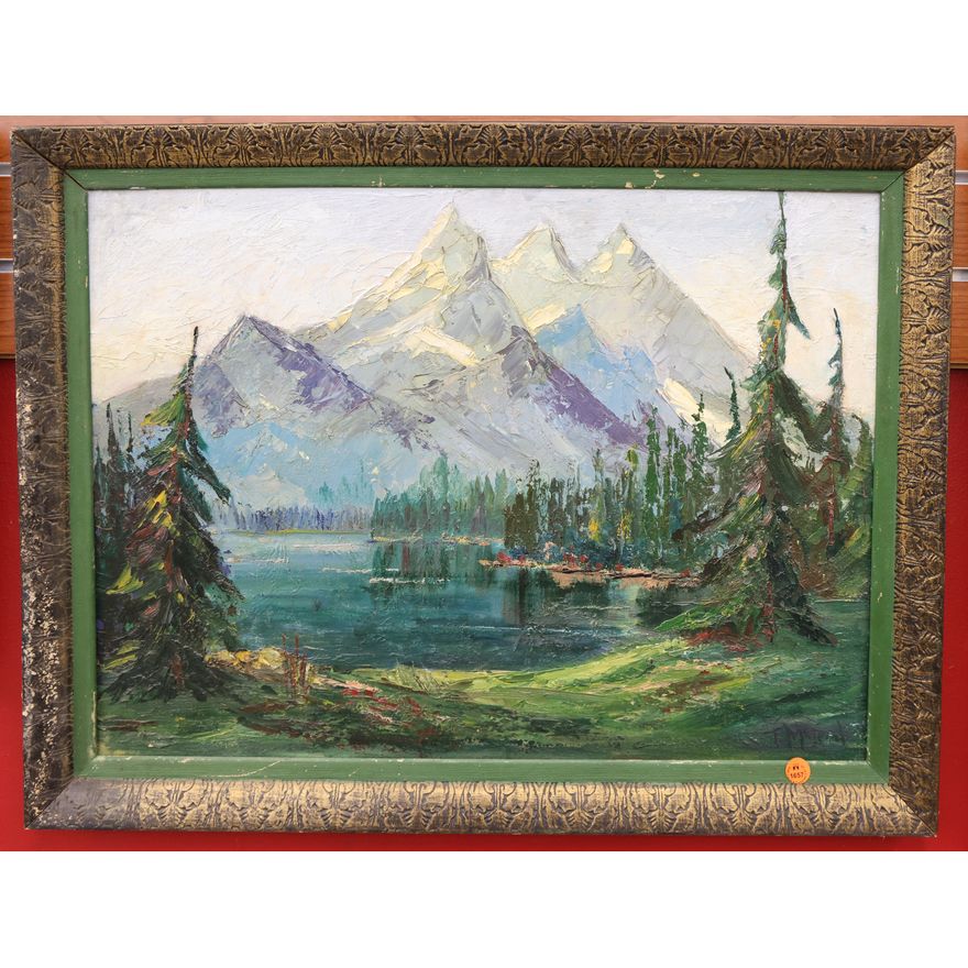 T. McLeod Mountain Scene Oil Painting Framed 22''x27''