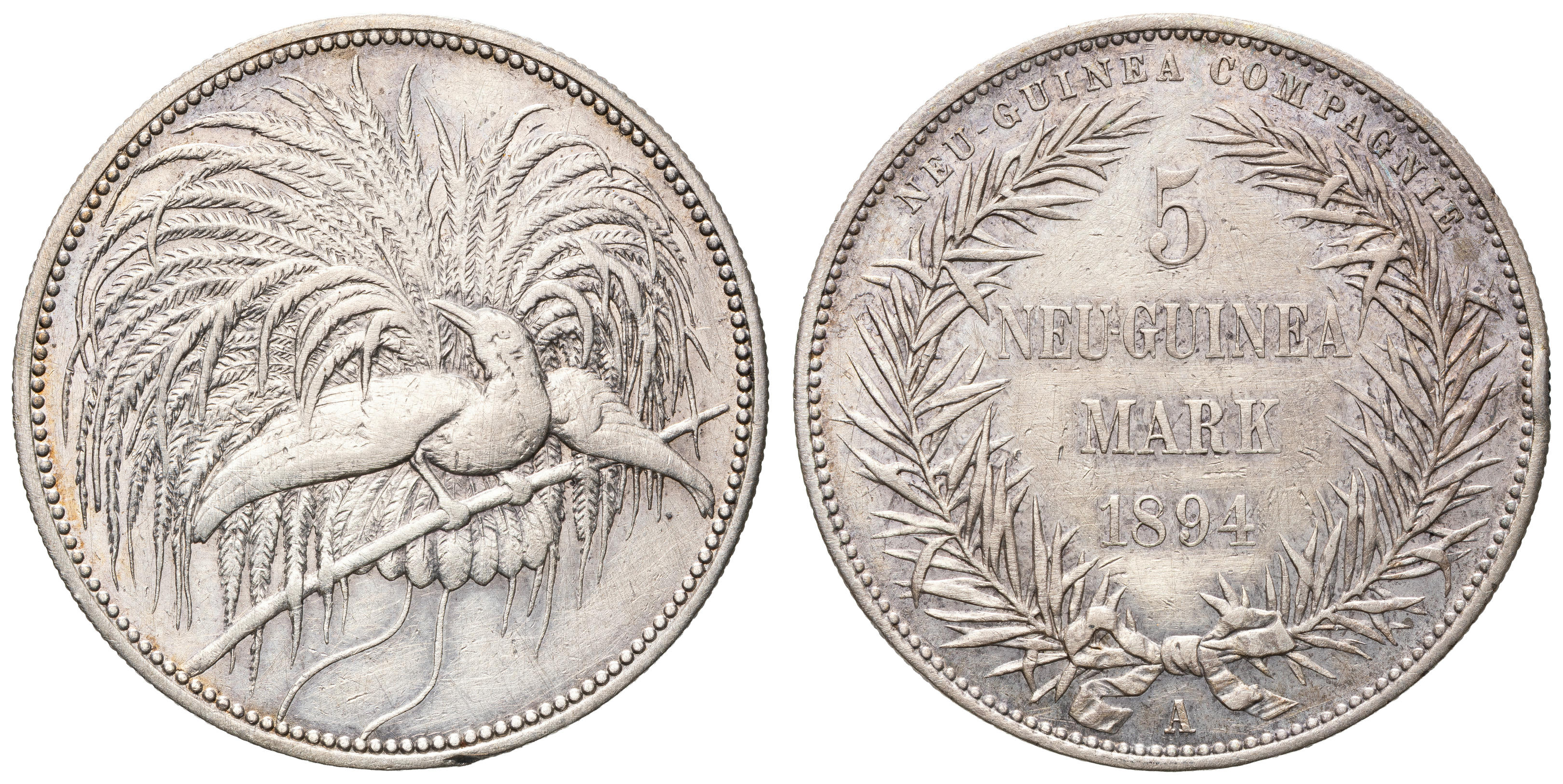 German New Guinea, Friedrich Wilhelm II, Five Mark, 1894-A, F