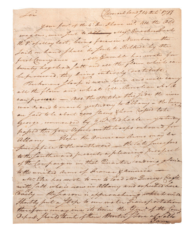[REVOLUTIONARY WAR]. Manuscript document signed ("D.M."?), to Captain Colville? Claverack, NY, 22 October 1781. 