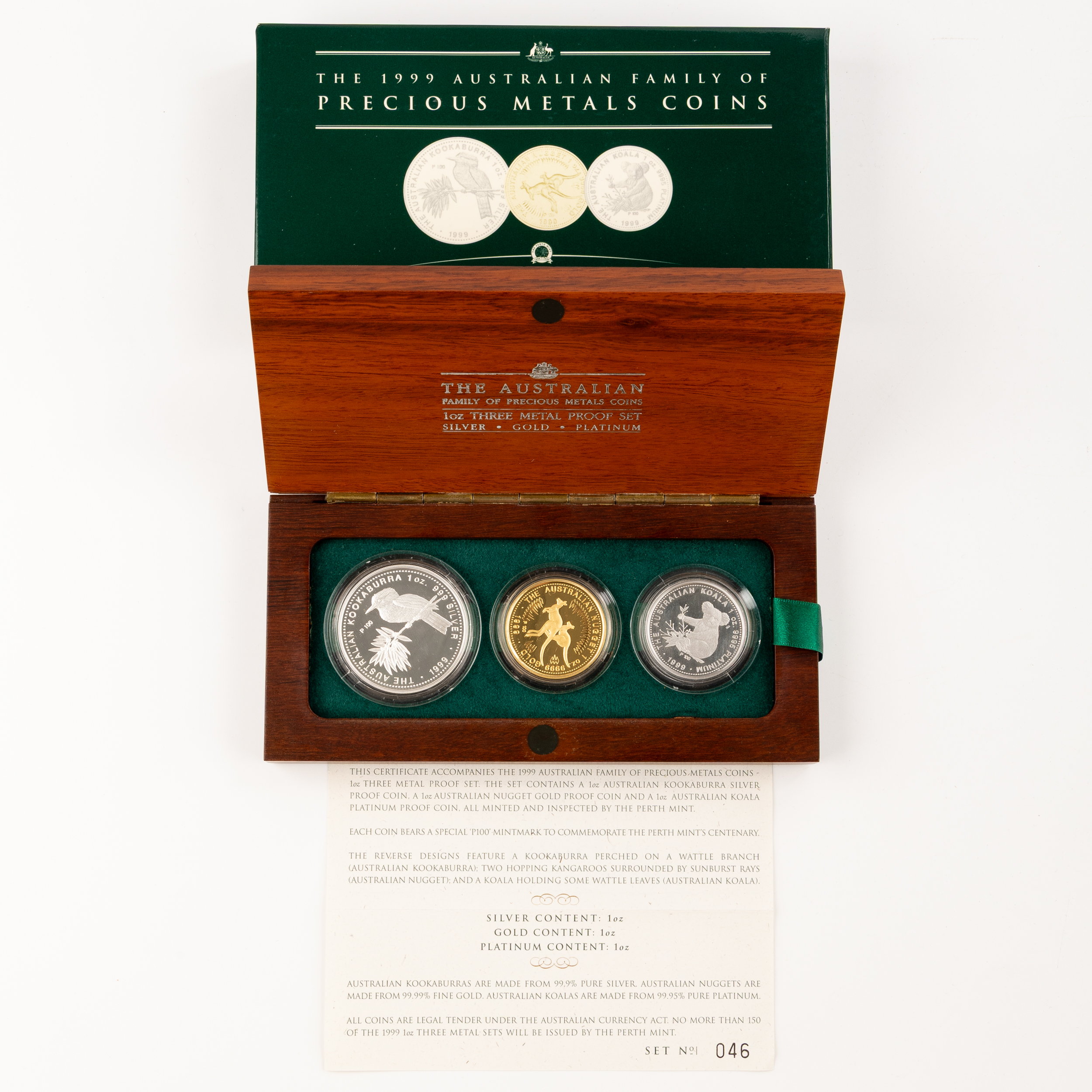 Elizabeth II, Three Metal Proof Set, Silver, Gold, Platinum, One Dollar - One Hundred Dollars, 1999, FDC