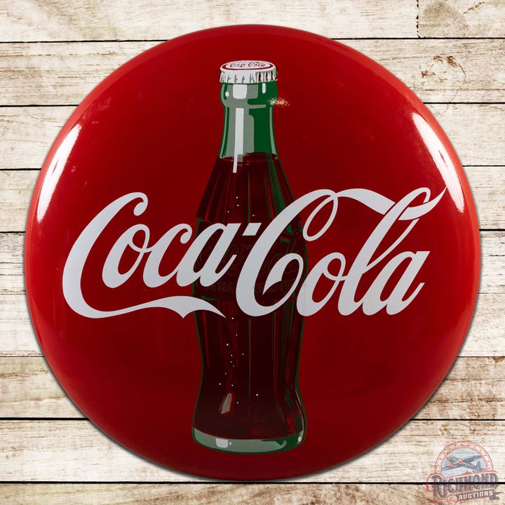 Coca-Cola 48" Single Sided Porcelain Button Sign w/ Bottle