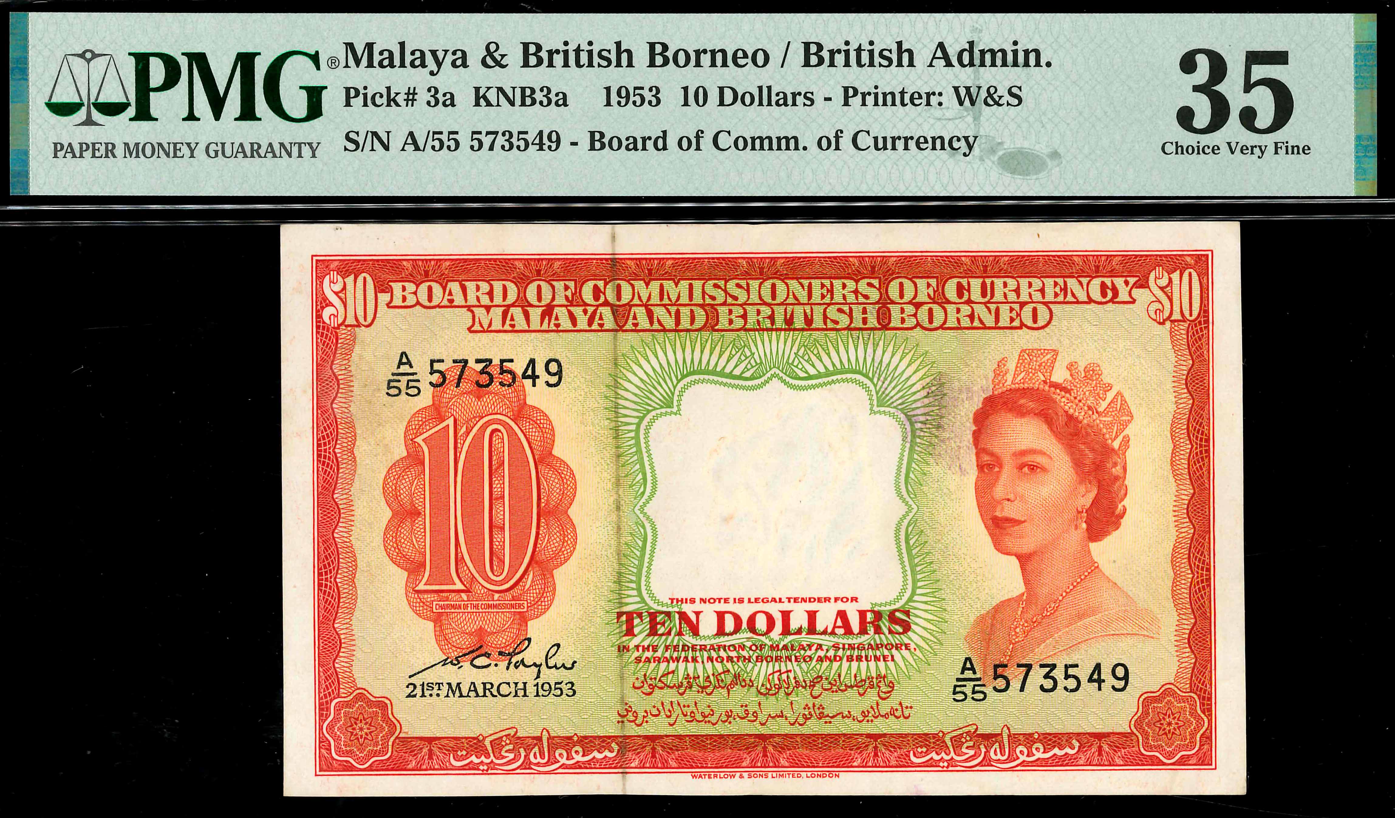 Malaya & British Borneo, 1953, 10 Dollars, P-3a, S/N. A/55 573549