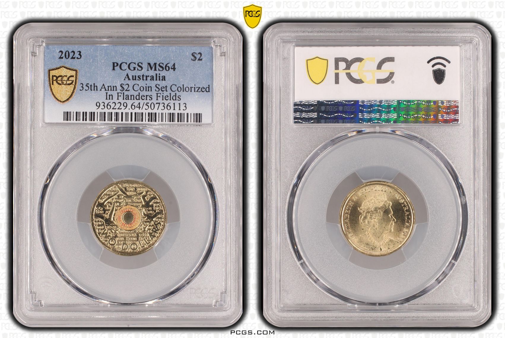 35th Ann $2 Coin Set Colorized In Flanders Fields , Two Dollar, 2023, PCGS MS64