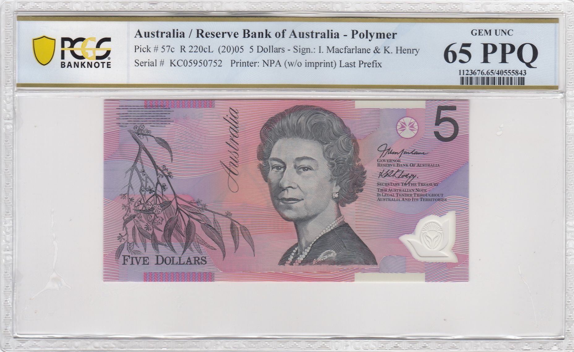Macfarlane/ Henry, Last Prefix, Five Dollar, 2005, PCGS Gem UNC 65 PPQ