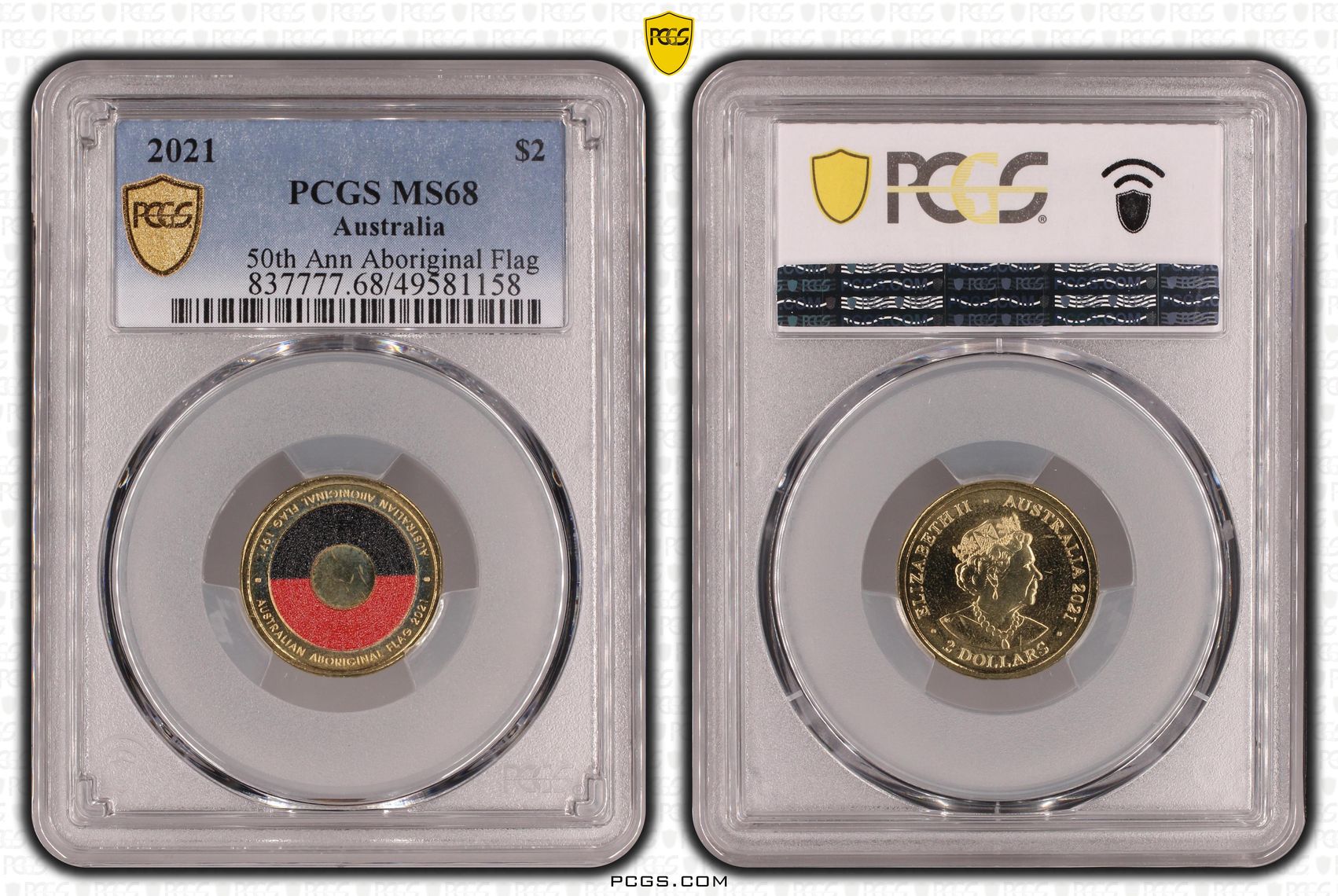 Elizabeth II, 50th Ann Aboriginal Flag Colorized , Two Dollar, 2021, PCGS MS68