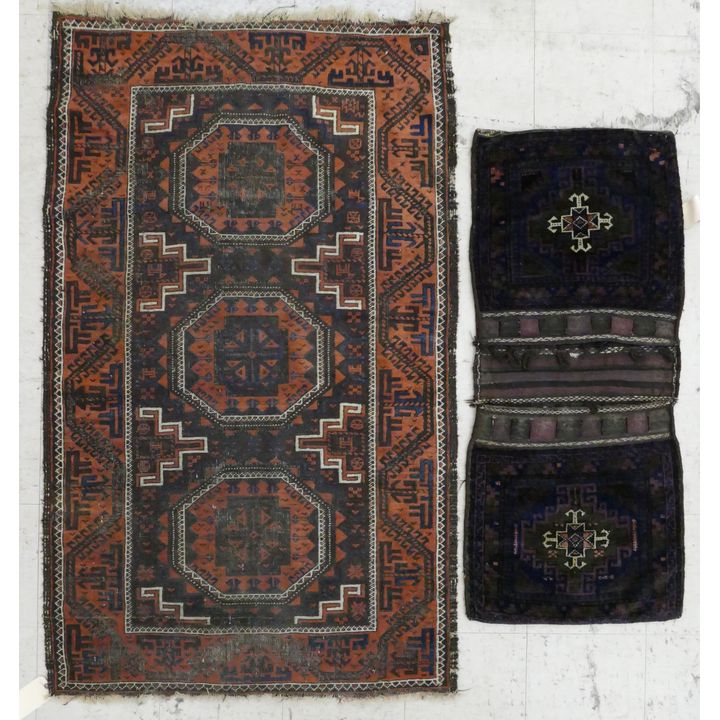 2pc Semi Antique Persian Beluchistan Rug and Bag Face