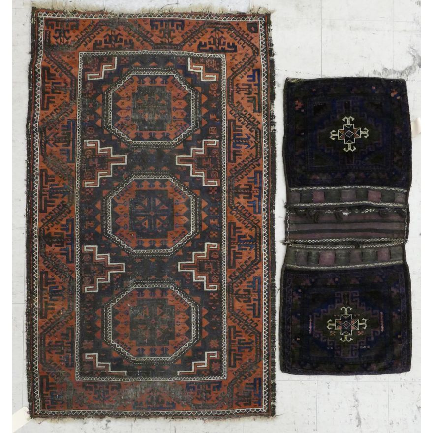 2pc Semi Antique Persian Beluchistan Rug and Bag Face